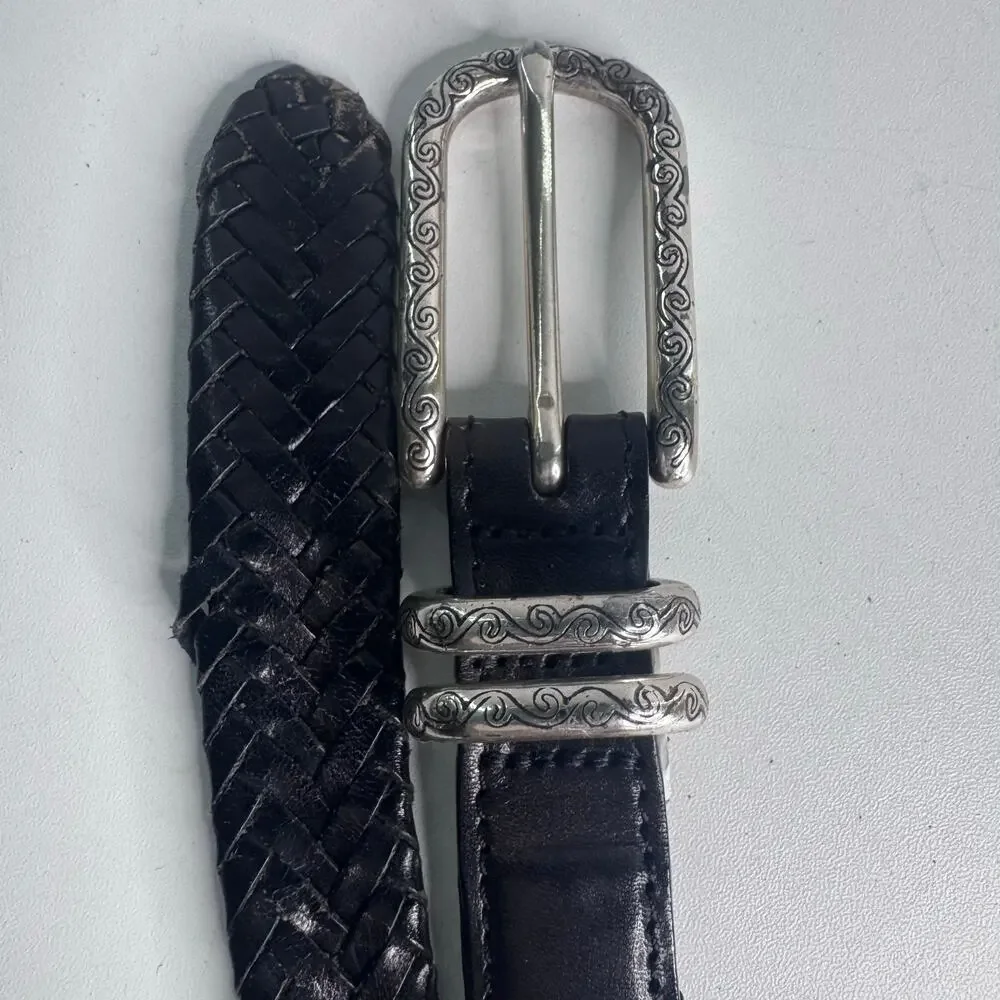 Vintage 1995 Silver Buckle Boho Black Leather Braided Belt 36 M/L